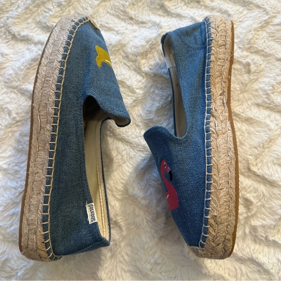 Soludos x Mary Matson Denim Embroidered Flamingo and Duck Espadrilles Size 9 - Picture 4 of 11